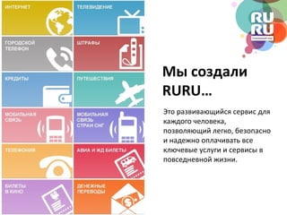 Мы создали
RURU…
Это развивающийся сервис для 
каждого человека, 
позволяющий легко, безопасно 
и надежно оплачивать все 
ключевые услуги и сервисы в 
повседневной жизни.
 