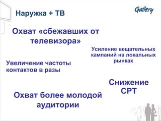 Наружка + ТВ Увеличение частоты контактов   в разы Усиление вещательных кампаний на локальных рынках Охват более молодой аудитории Снижение CPT Охват «сбежавших от телевизора» 