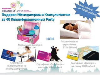 Подарок Менеджерам и КонсультантамПодарок Менеджерам и Консультантам
за 40 Квалификационныхза 40 Квалификационных PartyParty
Сертификат
«Спортмастер» на
сумму 5000 рублей
Сертификат «GallaDance»
на сумму 5000 рублей
Сертификат «На борту»
на сумму 5000 рублей
Пуховое одеяло
двуспальное
(172 х 205 см)
ИЛИ
Ваш доход:
от 50000 рублей
Мобильный дисплей 1
 