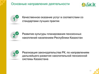 13
Основные направления деятельности
Качественное оказание услуг в соответствии со
стандартами лучших практик1
Развитие культуры планирования пенсионных
накоплений населением Республики Казахстан2
Реализация законодательства РК, по направлениям
дальнейшего развития накопительной пенсионной
системы Казахстана
3
 