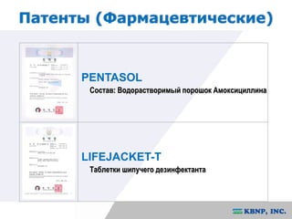 Патенты (Фармацевтические) 
PENTASOL 
Состав: Водорастворимый порошок Амоксициллина 
LIFEJACKET-T 
Таблетки шипучего дезинфектанта 
 