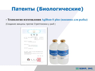 Патенты (Биологические) 
- Технология изготовления Agilban-S plus (вакцина для рыбы) 
[Создание вакцины против Стрептококка у рыб ] 
 