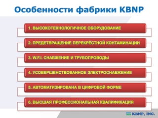 Особенности фабрики KBNP 
23 
1. ВЫСОКОТЕХНОЛОГИЧНОЕ ОБОРУДОВАНИЕ 
2. ПРЕДЕТВРАЩЕНИЕ ПЕРЕКРЁСТНОЙ КОНТАМИНАЦИИ 
3. W.F.I. СНАБЖЕНИЕ И ТРУБОПРОВОДЫ 
4. УСОВЕРШЕНСТВОВАННОЕ ЭЛЕКТРОСНАБЖЕНИЕ 
5. АВТОМАТИЗИРОВАНА В ЦИФРОВОЙ ФОРМЕ 
6. ВЫСШАЯ ПРОФЕССИОНАЛЬНАЯ КВАЛИФИКАЦИЯ 
 