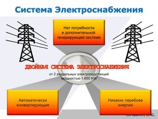 Система Электроснабжения 
Нет потребности 
в дополнительной 
генерирующей системе 
Автоматически 
конвертирующие 
Никаких перебоев 
энергии 
от 2 раздельных электроподстанций 
мощностью 1,650 KW 
 