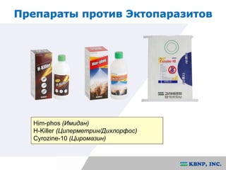 Препараты против Эктопаразитов 
Him-phos (Имидан) 
H-Killer (Циперметрин/Дихлорфос) 
Cyrozine-10 (Циромазин) 
 