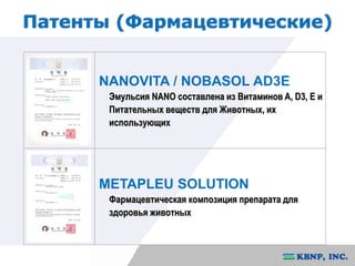 Патенты (Фармацевтические) 
NANOVITA / NOBASOL AD3E 
Эмульсия NANO составлена из Витаминов A, D3, E и 
Питательных веществ для Животных, их 
использующих 
METAPLEU SOLUTION 
Фармацевтическая композиция препарата для 
здоровья животных 
 