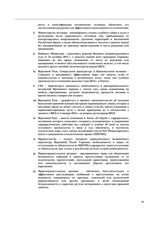 63
вести и идентификации человеческих останков, обеспечить его
достаточными ресурсами для эффективного выполнения его полномочий;
i) Министерству юстиции – инициировать отмену судебного сбора в делах о
регистрации актов гражданского состояния лиц, прибывающих из
контролируемых вооруженными группами территорий и Автономной
Республики Крым, в целях обеспечения равного доступа и защиты закона
без дискриминации по признаку происхождения и места рождения или
проживания;
j) Кабинету Министров – выполнить решение Высшего административного
суда от 16 октября 2015 г. о выплате пенсий всем гражданам Украины,
имеющим на них право, независимо от места их рождения или
проживания; отменить обусловленность социальных выплат, в том числе
пенсий и других пособий, наличием регистрации ВПЛ;
k) Верховной Раде, Генеральной прокуратуре и Национальной полиции –
утвердить и предпринять эффективные меры для защиты судей от
вмешательства и давления в резонансных делах, таких как судебное
производство в отношении насилия 2 мая 2014 г. в Одессе;
l) СБУ – пересмотреть законность, необходимость и пропорциональность
положений Временного порядка с учетом того, какие ограничения на
свободу передвижения, доставки медикаментов, продуктов питания и
прочих базовых товаров они создают;
m) Верховной Раде – разработать и принять законодательство об оказании
бесплатной правовой помощи внутренне перемещенным лицам, которые в
настоящее время не имеют доступа к таким услугам; внести изменения в
нормативно-правовые акты с целью приведения их в соответствие с
законом о ВПЛ от 6 января 2016 г. по вопросу регистрации ВПЛ,
n) Верховной Раде – внести изменения в Закон «О борьбе с терроризмом»,
положения которого позволяют содержать подозреваемых в совершении
террористических действий под стражей в течение 30 дней до начала
уголовного производства и явки в суд; обеспечить, в частности,
соответствие норм этого закона положениям статьи 9(3) Международного
пакта о гражданских и политических правах (МПГПП);
o) Правительству – создать механизм периодического независимого
пересмотра Верховной Радой Украины необходимости в мерах по
отступлению от обязательств по МПГПП и прекратить такое отступление
от обязательств, как только в нем больше не будет острой необходимости;
p) Правоохранительным органам – предпринимать меры для обеспечения
безопасности собраний и защиты протестующих независимо от из
политических предпочтений, сексуальной ориентации, происхождения
или национальности, и надлежащим образом расследовать все
нарушения;
q) Правоохранительным органам – обеспечить безотлагательное и
эффективное расследование сообщений о преступлениях на почве
ненависти, совершенных по признаку этнической или религиозной
принадлежности или другим признакам, в целях недопущения
безнаказанности и гарантии доступа потерпевших к средствам правовой
защиты;
 