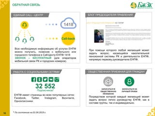 ЕДИНЫЙ CALL - ЦЕНТР
1418
Call-back
РАБОТА С СОЦИАЛЬНЫМИ СЕТЯМИ
БЛОГ ПРЕДСЕДАТЕЛЯ ПРАВЛЕНИЯ
При помощи которого любой желающий может
задать вопрос, касающийся накопительной
пенсионной системы РК и деятельности ЕНПФ,
напрямую первому руководителю ЕНПФ.
ОБЩЕСТВЕННАЯ ПРИЕМНАЯ ДЛЯ ГРАЖДАН
Всю необходимую информацию об услугах ЕНПФ
можно получить, позвонив с мобильного или
городского телефона в Call-Центр ЕНПФ 1418
ЗВОНОК – БЕСПЛАТНЫЙ (для операторов
мобильной связи РК и городских номеров).
Посредством которой каждый желающий может
задать вопрос лично руководству ЕНПФ, как в
составе группы, так и индивидуально.
ЕНПФ имеет страницы во всех популярных сетях:
Facebook, Twitter, Instagram, Вконтакте,
Одноклассники.
32 552Подписчиков*
ОБРАТНАЯ СВЯЗЬ
* По состоянию на 01.04.2019 г.16
 