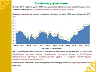Внешнее управление
В марте 2018 года переданы 220,0 млн. долларов США внешнему управляющему Aviva
Investors по мандату «Глобальные облигации развивающихся рынков»
Сверхдоходность за период с момента передачи по март 2019 года составляет 47,7
б.п.
96
97
98
99
100
101
102
103
104
Mar-18 Apr-18 May-18 Jun-18 Jul-18 Aug-18 Sep-18 Oct-18 Nov-18 Dec-18 Jan-19 Feb-19
Эталон Aviva Investors
На стадии подписания находятся соглашения с внешними управляющими по мандатам
«Глобальные активные акции», «Глобальные пассивные акции» и «Глобальные
корпоративные облигации инвестиционного уровня с высокой капитализацией,
номинированные в долларах США»
Привлечение компаний к внешнему доверительному управлению будет осуществляться
поэтапно
7
 