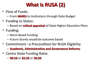 What is RUSA (2)What is RUSA (2)
• Flow of Funds:
– From MHRDMHRD to Institutions through State Budget
• Funding to States:
– Based on critical appraisalcritical appraisal of State Higher Education Plans
• Funding:
– Norm Based Funding
– Future Grants would be outcome based
• Commitment –a Precondition for RUSA Eligibility
– Academic, Administrative and Governance ReformsAcademic, Administrative and Governance Reforms
• Centre State Funding Ratio:
– 90:1090:10 or 65:3565:35 or 50:5050:50
 