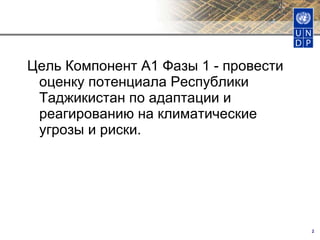 Цель Компонент А1 Фазы 1 - провести оценку потенциала Республики Таджикистан по адаптации и реагированию на климатические угрозы и риски.  