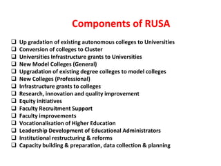 Components of RUSA
 Up gradation of existing autonomous colleges to Universities
 Conversion of colleges to Cluster
 Universities Infrastructure grants to Universities
 New Model Colleges (General)
 Upgradation of existing degree colleges to model colleges
 New Colleges (Professional)
 Infrastructure grants to colleges
 Research, innovation and quality improvement
 Equity initiatives
 Faculty Recruitment Support
 Faculty improvements
 Vocationalisation of Higher Education
 Leadership Development of Educational Administrators
 Institutional restructuring & reforms
 Capacity building & preparation, data collection & planning
 