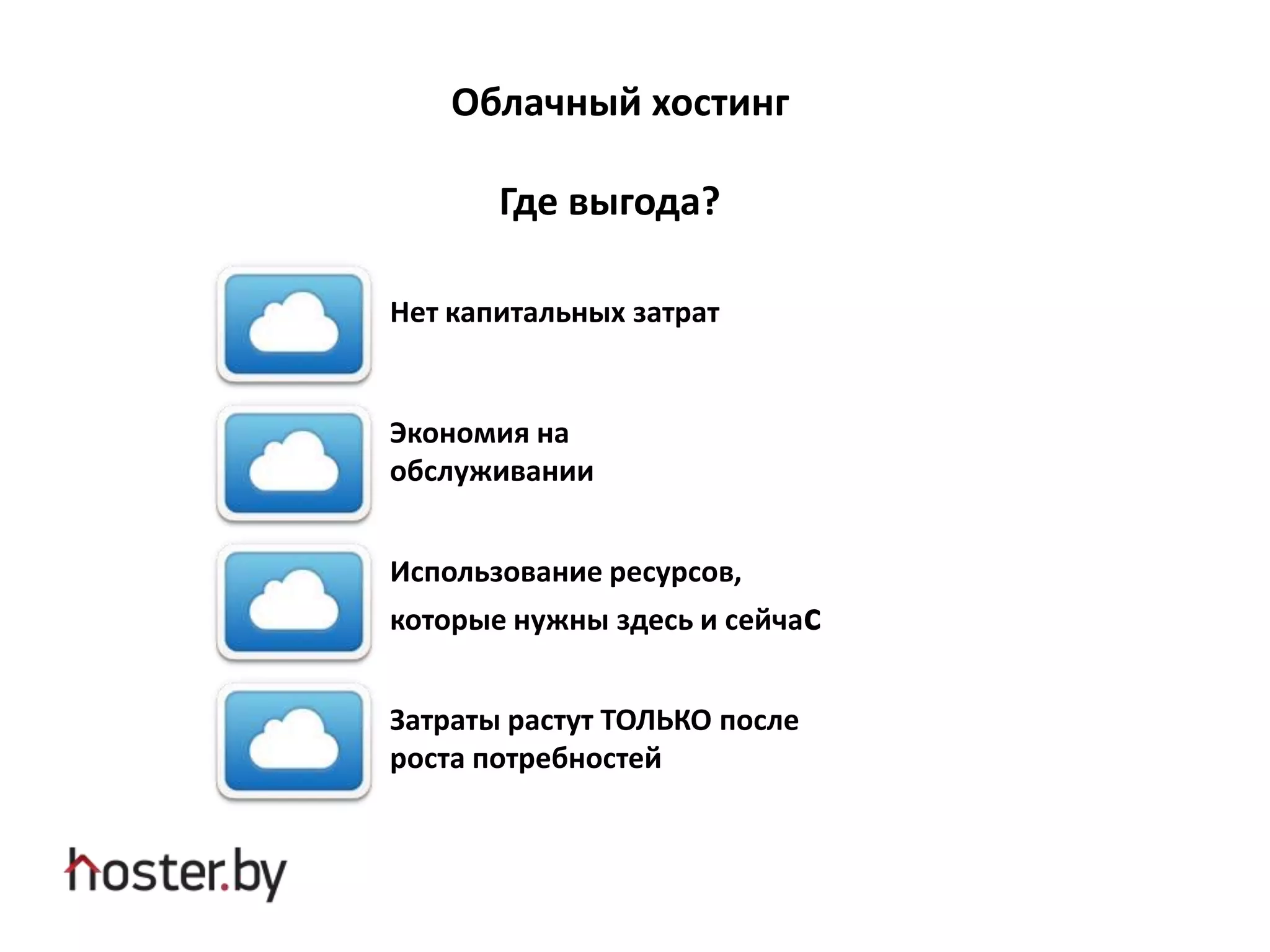 Облачный хостинг
Где выгода?
Нет капитальных затрат
Экономия на
обслуживании
Использование ресурсов,
которые нужны здесь и сейчас
Затраты растут ТОЛЬКО после
роста потребностей
 