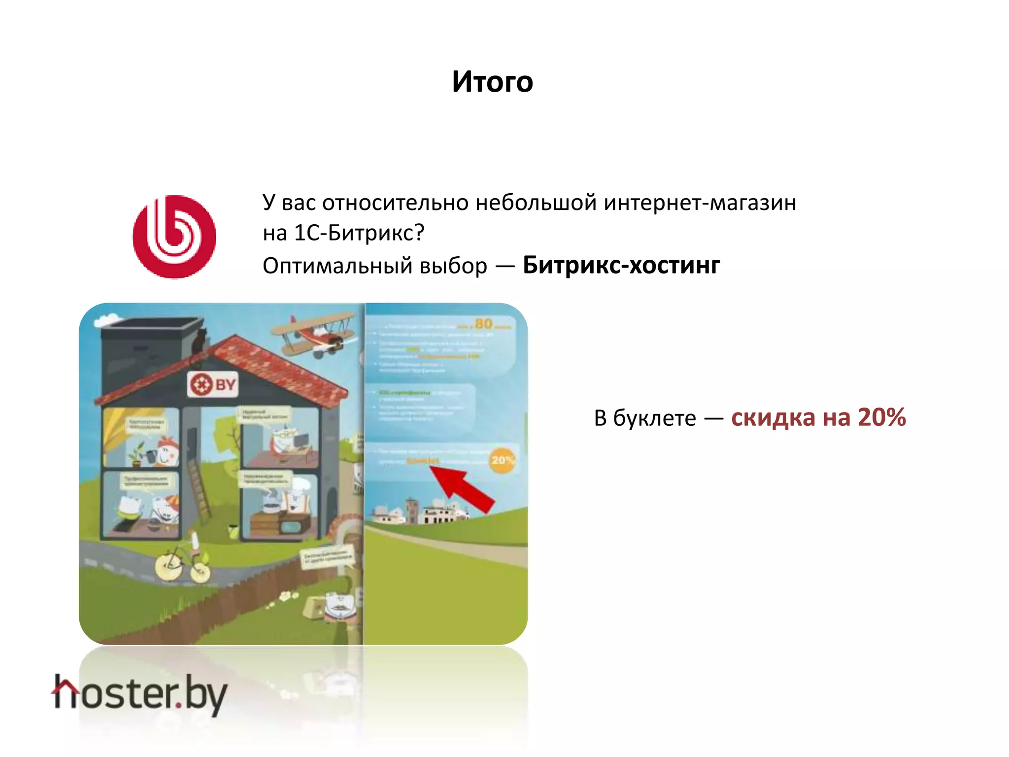 Итого
У вас относительно небольшой интернет-магазин
на 1С-Битрикс?
Оптимальный выбор — Битрикс-хостинг
В буклете — скидка на 20%
 