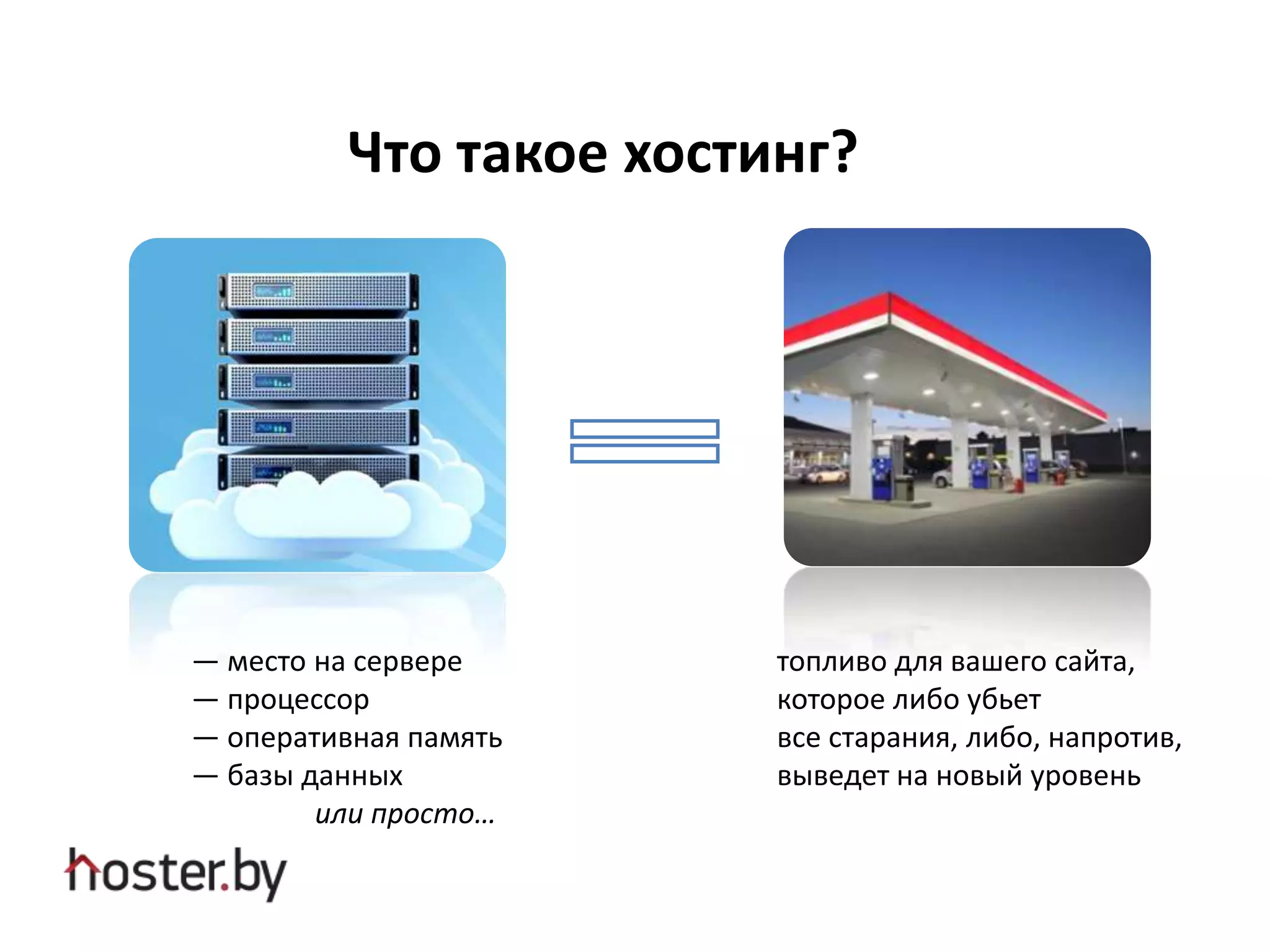 Что такое хостинг?
— место на сервере
— процессор
— оперативная память
— базы данных
или просто…
топливо для вашего сайта,
которое либо убьет
все старания, либо, напротив,
выведет на новый уровень
 