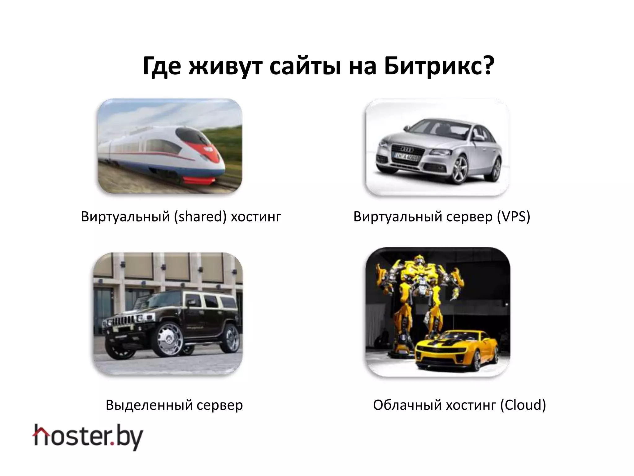 Где живут сайты на Битрикс?
Виртуальный (shared) хостинг Виртуальный сервер (VPS)
Выделенный сервер Облачный хостинг (Cloud)
 