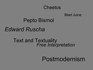 Edward Ruscha Text and Textuality Beet Juice Pepto Bismol Free Interpretation Postmodernism Cheetos 