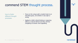 randstad20 | © Randstad North America, Inc. 2017
commend STEM thought process.
how to foster
different thought
processes.
• Focus on the unique path a student took to an
educated guess, not whether it was right or
wrong.
• Applaud a child’s critical thinking or reasoning
skills as a natural skill-set and they will find
navigating an answer more appealing.
 