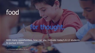 randstad
With many opportunities, how can you motivate today’s K-12 students
to pursue STEM?
3 | © Randstad North America, Inc. 2017
food
for thought.
 