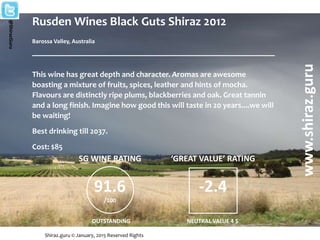 Rusden Wines Black Guts Shiraz 2012
Barossa Valley, Australia
______________________________________________________
This wine has great depth and character. Aromas are awesome
boasting a mixture of fruits, spices, leather and hints of mocha.
Flavours are distinctly ripe plums, blackberries and oak. Great tannin
and a long finish. Imagine how good this will taste in 20 years....we will
be waiting!
Best drinking till 2037.
Cost: $85
Shiraz.guru © January, 2015 Reserved Rights
www.shiraz.guru
@ShirazGuru
91.6
/100
SG WINE RATING
OUTSTANDING
‘GREAT VALUE’ RATING
-2.4
NEUTRAL VALUE 4 $
 