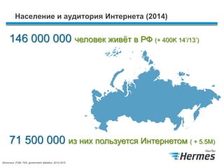 Население и аудитория Интернета (2014)
146 000 000 человек живёт в РФ (+ 400K 14’/13’)
71 500 000 из них пользуется Интернетом ( + 5.5M)
Источник: FOM, TNS, government statistics, 2014-2015
 