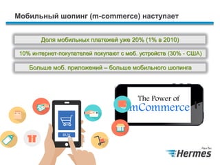 Мобильный шопинг (m-commerce) наступает
10% интернет-покупателей покупают с моб. устройств (30% - США)
Больше моб. приложений – больше мобильного шопинга
Доля мобильных платежей уже 20% (1% в 2010)
 