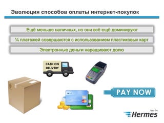 Эволюция способов оплаты интернет-покупок
Ещё меньше наличных, но они всё ещё доминируют
¼ платежей совершаются с использованием пластиковых карт
Электронные деньги наращивают долю
 