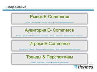 Содержание
Рынок E-Commerce
Тренды & Перспективы
Игроки E-Commerce
Аудитория E- Commerce
Объём ● Динамика ● Структура ● Доля ● Международные сравнения
Размер ● Динамика ● Потенциал ● География ● Траты ● Платежи ● Международные сравнения
Количество ● Лидеры ● Динамика ● Концентрация ● Доли ● Международные сравнения
Рынок ● Аудитория ● Игроки ● Тренды & Перспективы
 