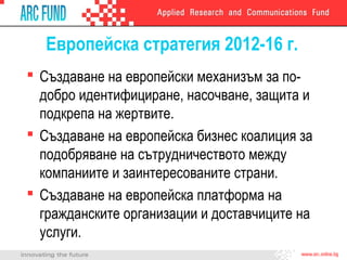 Европейска стратегия 2012-16 г.
 Създаване на европейски механизъм за подобро идентифициране, насочване, защита и
подкрепа на жертвите.
 Създаване на европейска бизнес коалиция за
подобряване на сътрудничеството между
компаниите и заинтересованите страни.
 Създаване на европейска платформа на
гражданските организации и доставчиците на
услуги.

 