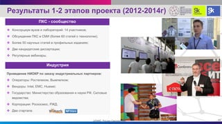 Результаты 1-2 этапов проекта (2012-2014г)
Проведение НИОКР по заказу индустриальных партнеров:
 Операторы: Ростелеком, Вымпелком;
 Вендоры: Intel, EMC, Huawei;
 Государство: Министерство образования и науки РФ, Силовые
ведомства;
 Корпорации: Роскосмос, РЖД.
 Два стартапа:
Индустрия
ПКС - сообщество
11ЦПИКС Руслан Смелянский
 Консорциум вузов и лабораторий: 14 участников;
 Обсуждение ПКС в СМИ (более 60 статей о технологии);
 Более 50 научных статей в профильных изданиях;
 Две кандидатские диссертации;
 Регулярные вебинары.
 