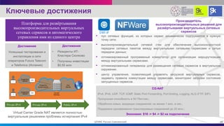 Ключевые достижения
Производитель
высокопроизводительных решений для
развёртывания виртуальных сетевых
сервисов
• пул сетевых функций, из которых сервис динамически подгружается в нужную
точку сети;
• высокопроизводительный сетевой стек для обеспечения высокоскоростной
передачи сетевых пакетов между виртуальными сетевыми сервисами и сетью
передачи данных;
• оптимизированный программный коммутатор для организации маршрутизации
между виртуальными сервисами.
• оптимизированный гипервизор для размещения сетевых сервисов в виртуальном
окружении.
• центр управления, позволяющий управлять загрузкой виртуальных сервисов,
задавать правила коммутации между сервисами, мониторинг загрузки состояния
запущенных сервисов.
CPE
CPE
Private IPv4
network
Private IPv4
network
Private IPv4
access network
IPv4
internet
CG-NAT
NAT44(4)
Private IPv4 Private IPv4 Public IPv4
Virtual Carrier Grade NAT является полностью
виртуальным решением проблемы исчерпания IPv4
Достижения
• Резиденты ИТ-
Кластера Сколково
• Получены инвестиции
$0,55 млн
18ЦПИКС Руслан Смелянский
Платформа для развёртывания
высокопроизводительных виртуальных
сетевых сервисов и автоматического
управления ими из единого центра
Достижения
Успешные тестирования и
инсталляции в сети
операторов Futura Telecom
и Telefonica (Испания)
CG-NAT
IPv4, IPv6, UDP, TCP, ICMP, Static Port Forwarding, Port limiting, Logging, ALG (FTP, SIP);
Пропускная способность в 50 Гбит/cек.;
Обработка новых, входящих соединений: не менее 1 млн. в сек.;
Поддержка одновременно транслируемых соединений до 20 млн.;
Экономия: $16 -> $4 -> $2 на подключение
 