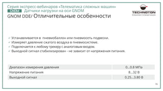 16
GNOM DDE/ Отличительные особенности
ь Подключается к любому трекеру с аналоговым входом.
ь Выходной сигнал стабилизирован - не зависит от напряжения питания.
ь Измеряет давление сжатого воздуха в пневмосистеме.
ь Устанавливается в пневмобаллон или пневмосеть подвески.
Диапазон измерения давления 0...0.8 МПа
Напряжение питания 8...32 В
Выходной сигнал 0.25...3.80 В
ТЕЛЕМАТИКА СЛОЖНЫХ МАШИН
Серия экспресс-вебинаров «Телематика сложных машин»
Датчики нагрузки на оси GNOM
 