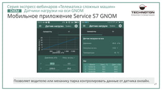 27
Мобильное приложение Service S7 GNOM
Позволяет водителю или механику парка контролировать данные от датчика онлайн.
ТЕЛЕМАТИКА СЛОЖНЫХ МАШИН
Серия экспресс-вебинаров «Телематика сложных машин»
Датчики нагрузки на оси GNOM
 