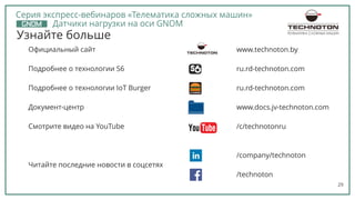 29
Узнайте больше
Официальный сайт
Подробнее о технологии S6
Подробнее о технологии IoT Burger
Документ-центр
Смотрите видео на YouTube
Читайте последние новости в соцсетях
www.technoton.by
ru.rd-technoton.com
ru.rd-technoton.com
www.docs.jv-technoton.com
/c/technotonru
/company/technoton
/technoton
ТЕЛЕМАТИКА СЛОЖНЫХ МАШИН
Серия экспресс-вебинаров «Телематика сложных машин»
Датчики нагрузки на оси GNOM
 