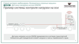 7
Дисплей
Терминал
GNOM DP – датчик
на тележке полуприцепа
GNOM DDE – датчик
на оси тягача
Пример системы контроля нагрузки на оси
Датчики нагрузки на оси GNOM применяются в системах транспортной
телематики для определения осевой нагрузки и массы перевозимого груза.
ТЕЛЕМАТИКА СЛОЖНЫХ МАШИН
Серия экспресс-вебинаров «Телематика сложных машин»
Датчики нагрузки на оси GNOM
 