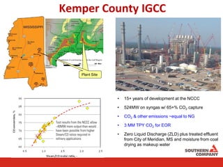 Kemper County IGCC
Plant SitePlant Site
Test results from the NCCC allow
~40MW more output than would
have been possible from higher
Steam/CO ratios required in
refinery applications
• 15+ years of development at the NCCC
• 524MW on syngas w/ 65+% CO2 capture
• CO2 & other emissions ~equal to NG
• 3 MM TPY CO2 for EOR
• Zero Liquid Discharge (ZLD) plus treated effluent
from City of Meridian, MS and moisture from coal
drying as makeup water
 