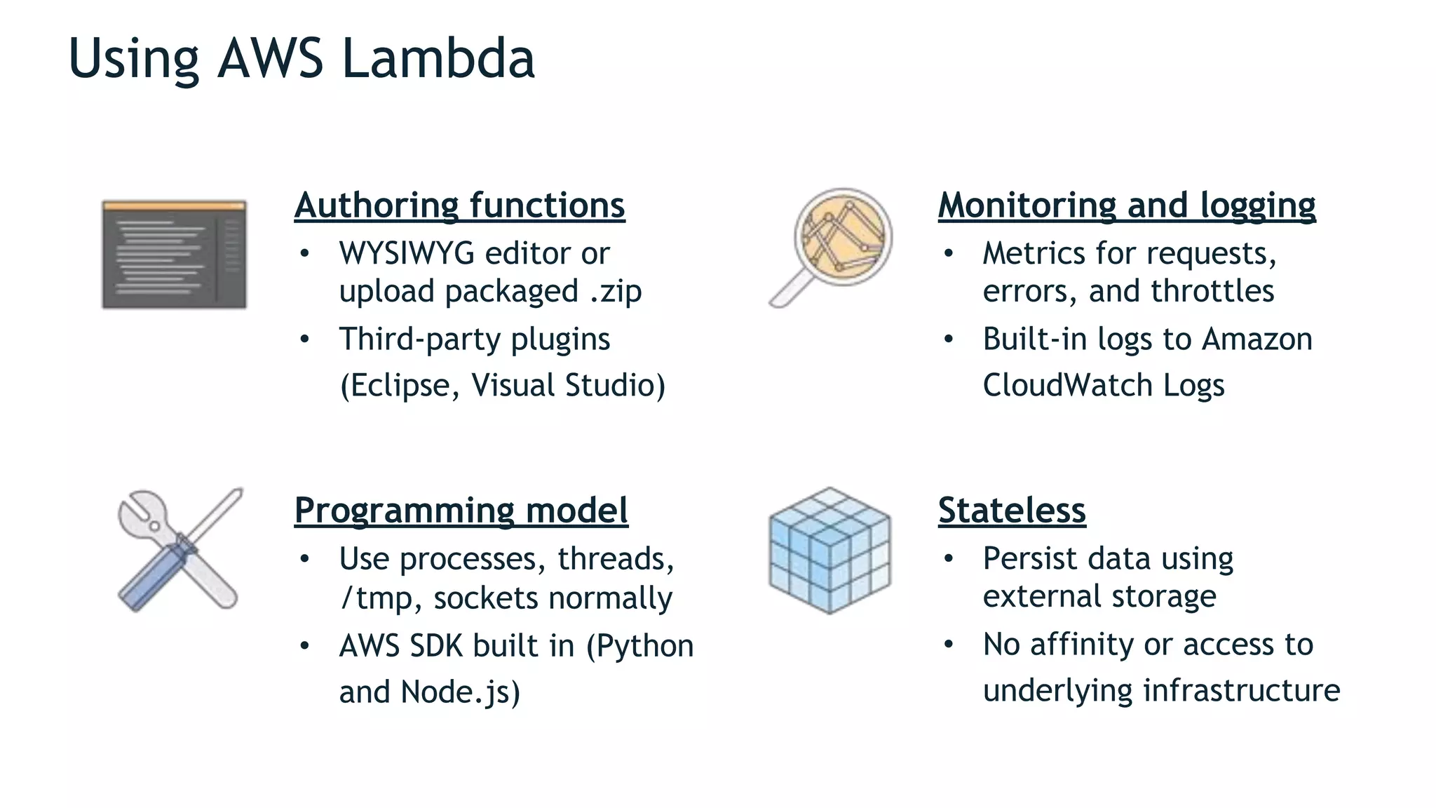 Using AWS Lambda
Authoring functions
• WYSIWYG editor or
upload packaged .zip
• Third-party plugins
(Eclipse, Visual Studio)
Programming model
• Use processes, threads,
/tmp, sockets normally
• AWS SDK built in (Python
and Node.js)
Monitoring and logging
• Metrics for requests,
errors, and throttles
• Built-in logs to Amazon
CloudWatch Logs
Stateless
• Persist data using
external storage
• No affinity or access to
underlying infrastructure
 
