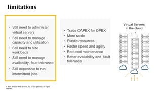 limitations
Physical
Servers
Datacenters
Virtual
Servers
Datacenters
∙ Trade CAPEX for OPEX
∙ More scale
∙ Elastic resources
∙ Faster speed and agility
∙ Reduced maintenance
∙ Better availability and fault
tolerance
∙ Still need to administer
virtual servers
∙ Still need to manage
capacity and utilization
∙ Still need to size
workloads
∙ Still need to manage
availability, fault tolerance
∙ Still expensive to run
intermittent jobs
Virtual Servers
in the cloud
© 2017, Amazon Web Services, Inc. or its Affiliates. All rights
reserved.
 