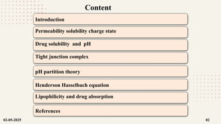 Lipophilicity and drug absorption
Henderson Hasselbach equation
pH partition theory
Tight junction complex
Drug solubility and pH
Permeability solubility charge state
Introduction
Content
References
02-05-2025 02
 