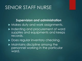 SENIOR STAFF NURSE
Supervision and administration
 Makes duty and work assignments.
 Indenting and procurement of ward
supplies and equipments and keeps
records.
 Does regular inventory checking.
 Maintains discipline among the
personnel working in the particular
ward.
 