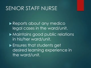 SENIOR STAFF NURSE
 Reports about any medico
legal cases in the ward/unit.
 Maintains good public relations
in his/her ward/unit.
 Ensures that students get
desired learning experience in
the ward/unit.
 