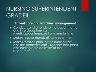 NURSING SUPERINTENDENT
GRADEII
Patient care and ward/unit management
 Conducts and attends to the departmental
and interdepartmental
meetings/conferences from time to time.
 Makes regular rounds of her department.
 Makes rotation plan for the nursing staff
and the domestic staff Organises and plans
and nursing care activities of the
department.
 