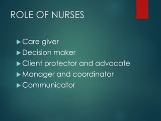 ROLE OF NURSES
 Care giver
 Decision maker
 Client protector and advocate
 Manager and coordinator
 Communicator
 