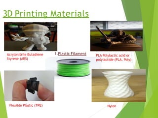 3D Printing Materials
1.Plastic Filament
Acrylonitrile Butadiene
Styrene (ABS)
PLA Polylactic acid or
polylactide (PLA, Po...