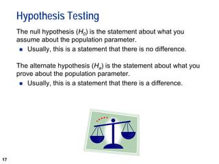 17
Hypothesis Testing
The null hypothesis (H0) is the statement about what you
assume about the population parameter.
 Usually, this is a statement that there is no difference.
The alternate hypothesis (Ha) is the statement about what you
prove about the population parameter.
 Usually, this is a statement that there is a difference.
 