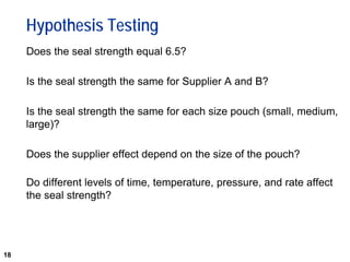 18
Hypothesis Testing
Does the seal strength equal 6.5?
Is the seal strength the same for Supplier A and B?
Is the seal strength the same for each size pouch (small, medium,
large)?
Does the supplier effect depend on the size of the pouch?
Do different levels of time, temperature, pressure, and rate affect
the seal strength?
 