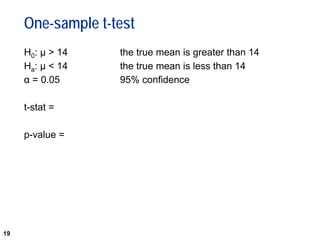 19
One-sample t-test
H0: µ > 14 the true mean is greater than 14
Ha: µ < 14 the true mean is less than 14
α = 0.05 95% confidence
t-stat =
p-value =
 