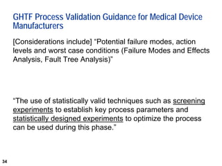 34
GHTF Process Validation Guidance for Medical Device
Manufacturers
[Considerations include] “Potential failure modes, action
levels and worst case conditions (Failure Modes and Effects
Analysis, Fault Tree Analysis)”
“The use of statistically valid techniques such as screening
experiments to establish key process parameters and
statistically designed experiments to optimize the process
can be used during this phase.”
 