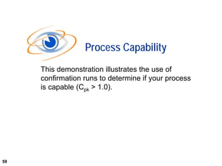 59
This demonstration illustrates the use of
confirmation runs to determine if your process
is capable (Cpk > 1.0).
Process Capability
59
 