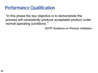 63
Performance Qualification
“In this phase the key objective is to demonstrate the
process will consistently produce acceptable product under
normal operating conditions.’”
GHTF Guidance on Process Validation
 